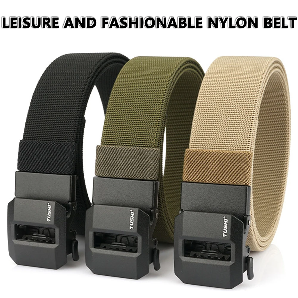 TUSHI New Golf Sports Elastic Belt Tactical Belt Metal Automatic Buckle Stretch Nylon Men Military Belt 120-150CM Big Size Belts
