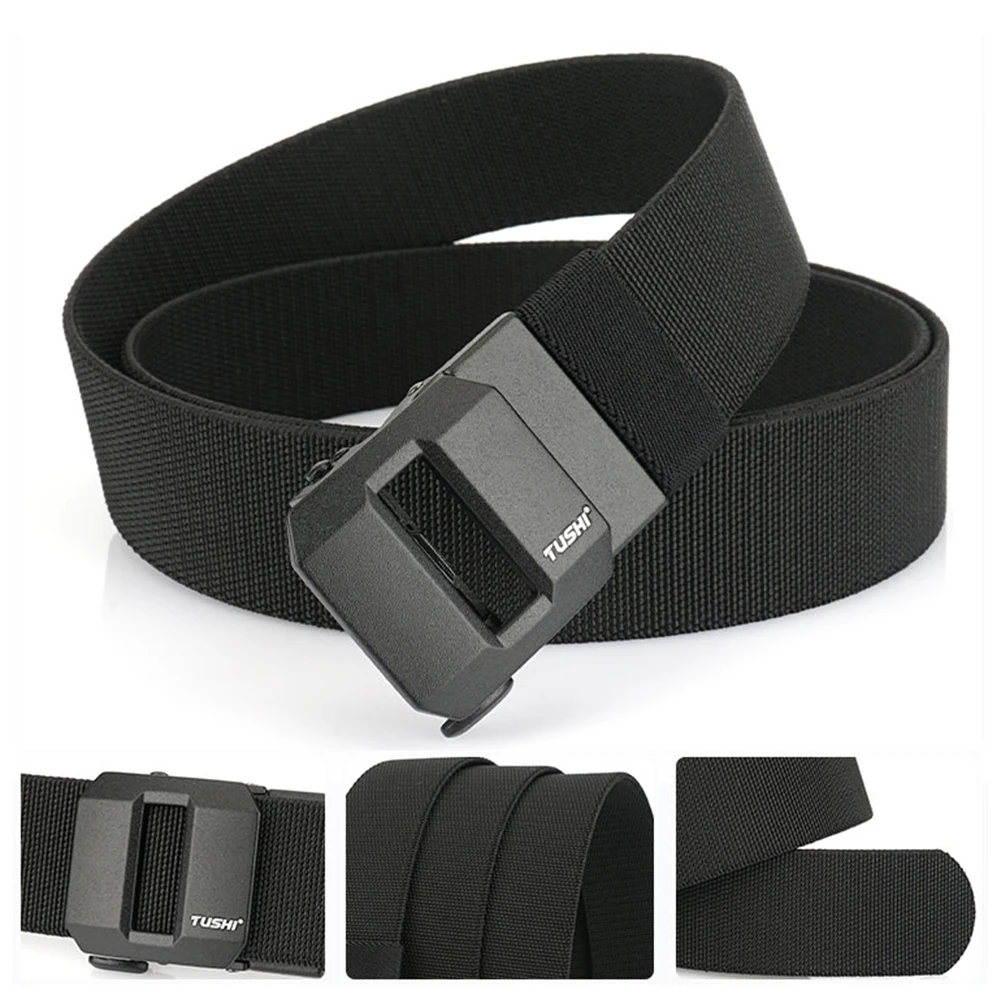 TUSHI New Golf Sports Elastic Belt Tactical Belt Metal Automatic Buckle Stretch Nylon Men Military Belt 120-150CM Big Size Belts