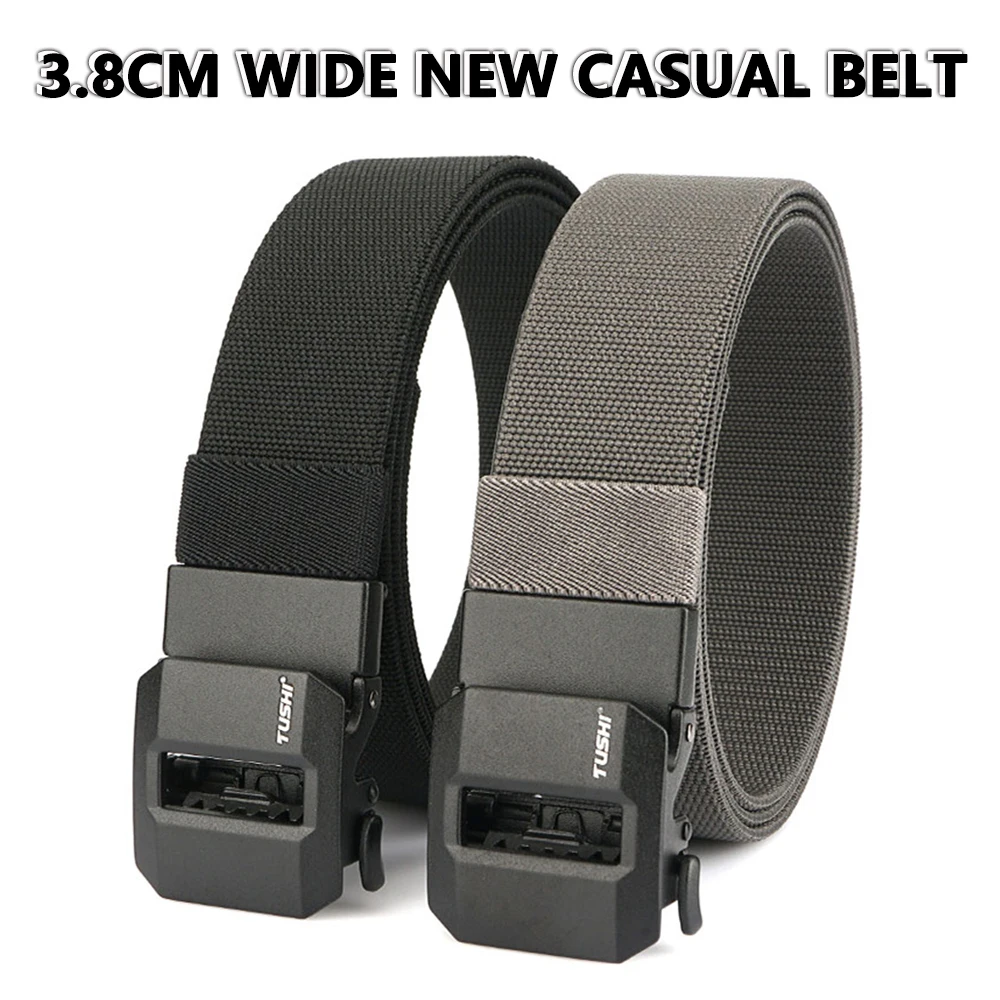 TUSHI New Golf Sports Elastic Belt Tactical Belt Metal Automatic Buckle Stretch Nylon Men Military Belt 120-150CM Big Size Belts