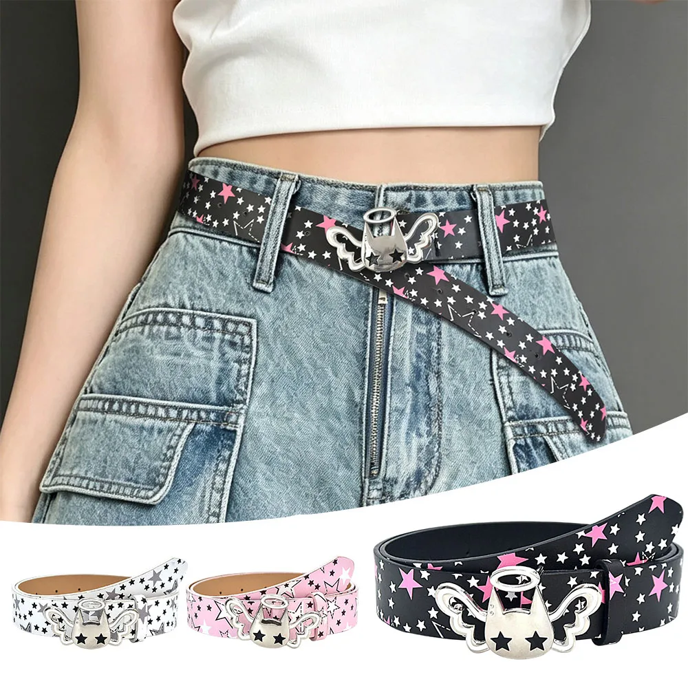 Y2k Star Women's Belt Dopamine Cat Metal Pin Buckle Waist Belt Gothic Pink PU Leather Jeans Belt Trendy Y2k Waistband