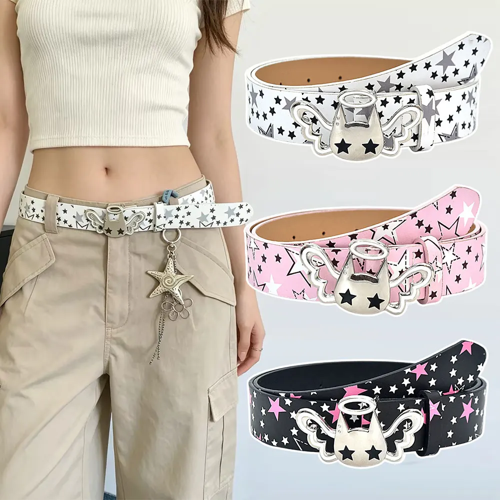 Y2k Star Women's Belt Dopamine Cat Metal Pin Buckle Waist Belt Gothic Pink PU Leather Jeans Belt Trendy Y2k Waistband