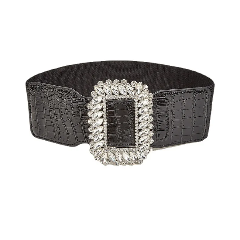 7.5x66cm Rhinestone Corset Female Girl Wide Elastic Black Cummerbund Elegant Belts For Women Punk Gothic Dress Waistband