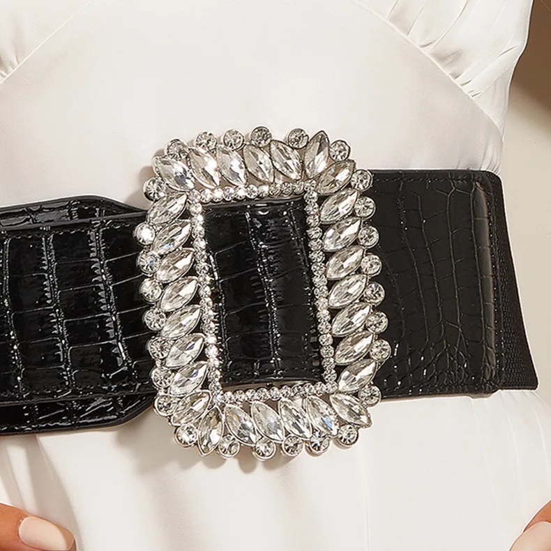 7.5x66cm Rhinestone Corset Female Girl Wide Elastic Black Cummerbund Elegant Belts For Women Punk Gothic Dress Waistband