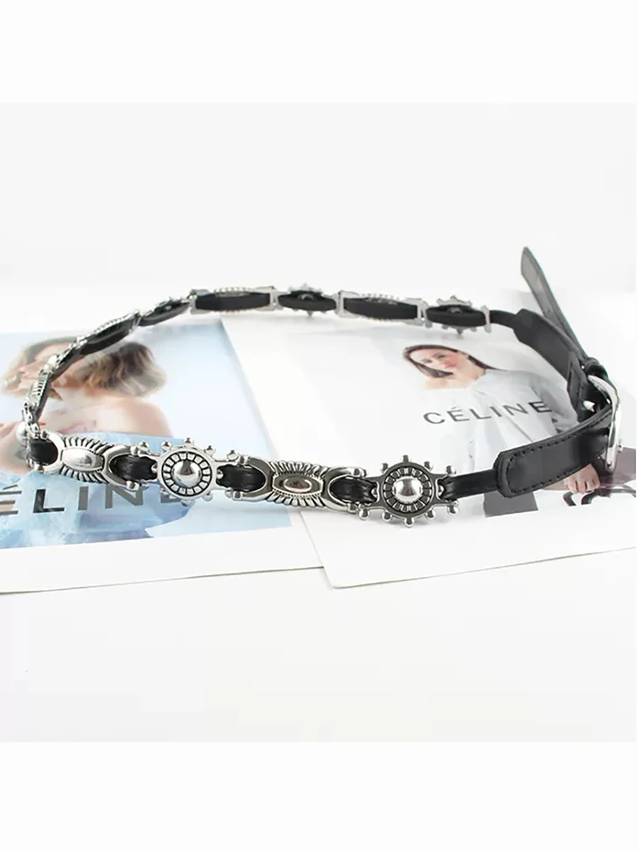 Women's Punk Chain Metal Band For Ladies Cowboy Pu Design Sense Belts Pin buckle Waistband waist Decorative On Denim Dress Coat