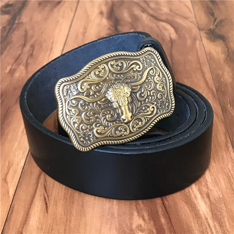 Brass Cowboy Belt Buckle Luxury Men Leather Belt Ceinture Homme Yellow Belts For Men Wide Male Strap Jeans Waist MBT0537