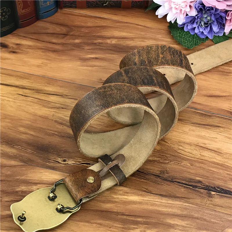 Brass Cowboy Belt Buckle Luxury Men Leather Belt Ceinture Homme Yellow Belts For Men Wide Male Strap Jeans Waist MBT0537