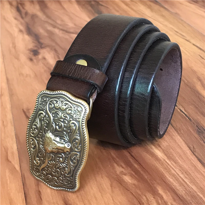 Brass Cowboy Belt Buckle Luxury Men Leather Belt Ceinture Homme Yellow Belts For Men Wide Male Strap Jeans Waist MBT0537