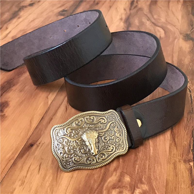 Brass Cowboy Belt Buckle Luxury Men Leather Belt Ceinture Homme Yellow Belts For Men Wide Male Strap Jeans Waist MBT0537