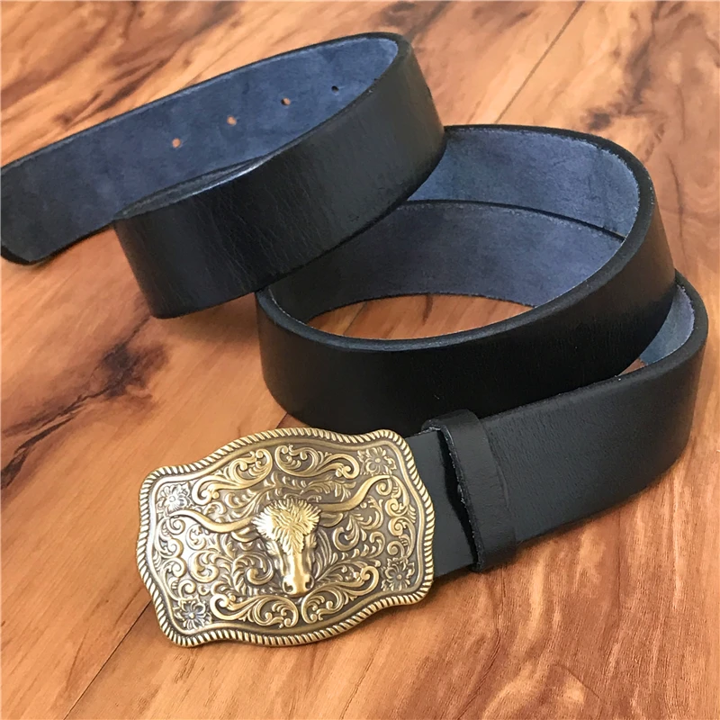 Brass Cowboy Belt Buckle Luxury Men Leather Belt Ceinture Homme Yellow Belts For Men Wide Male Strap Jeans Waist MBT0537