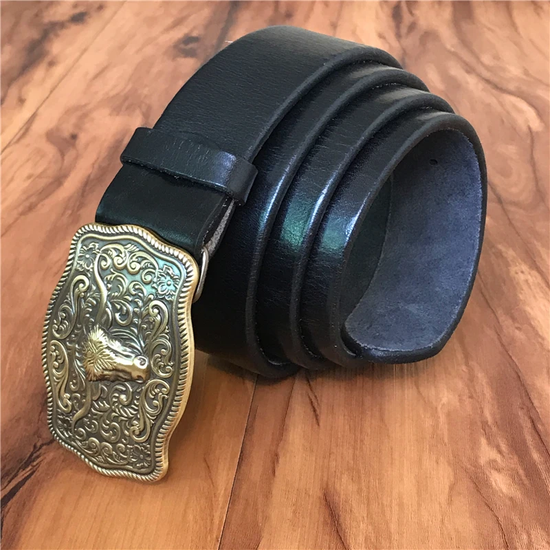 Brass Cowboy Belt Buckle Luxury Men Leather Belt Ceinture Homme Yellow Belts For Men Wide Male Strap Jeans Waist MBT0537