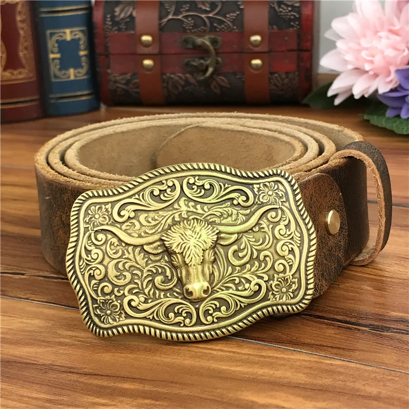 Brass Cowboy Belt Buckle Luxury Men Leather Belt Ceinture Homme Yellow Belts For Men Wide Male Strap Jeans Waist MBT0537