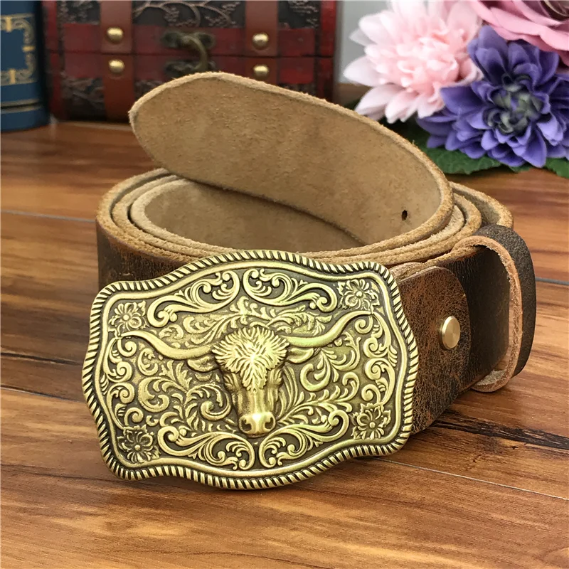 Brass Cowboy Belt Buckle Luxury Men Leather Belt Ceinture Homme Yellow Belts For Men Wide Male Strap Jeans Waist MBT0537
