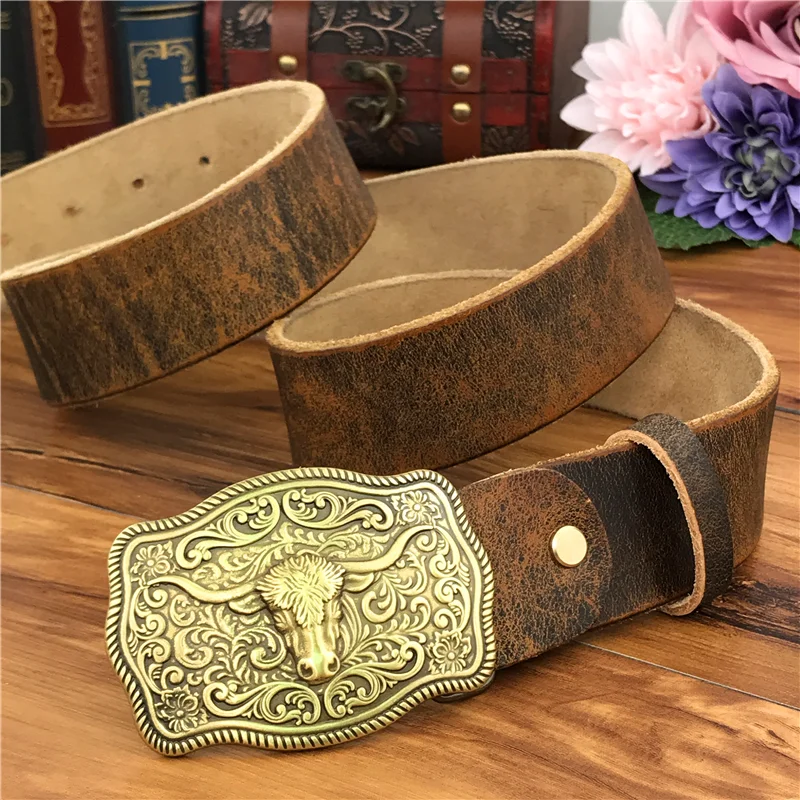 Brass Cowboy Belt Buckle Luxury Men Leather Belt Ceinture Homme Yellow Belts For Men Wide Male Strap Jeans Waist MBT0537