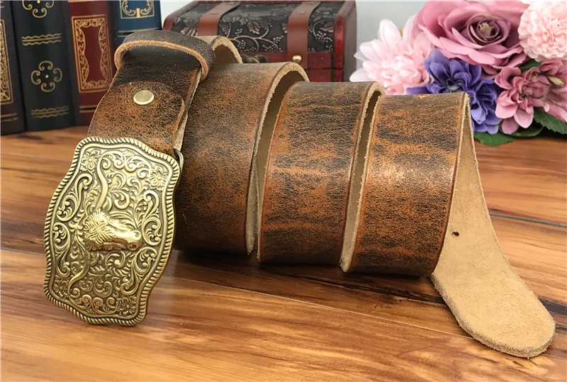 Brass Cowboy Belt Buckle Luxury Men Leather Belt Ceinture Homme Yellow Belts For Men Wide Male Strap Jeans Waist MBT0537