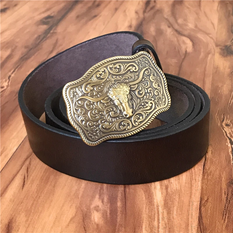 Brass Cowboy Belt Buckle Luxury Men Leather Belt Ceinture Homme Yellow Belts For Men Wide Male Strap Jeans Waist MBT0537
