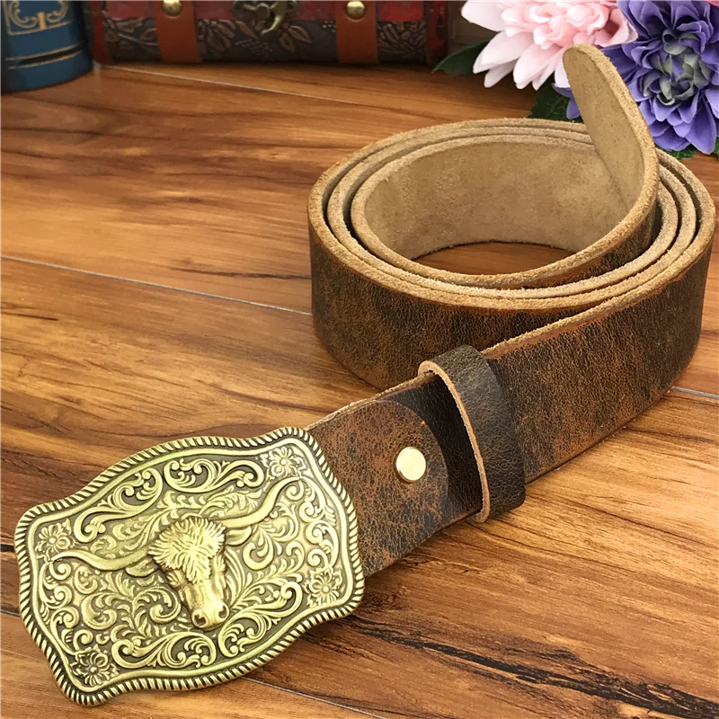 Brass Cowboy Belt Buckle Luxury Men Leather Belt Ceinture Homme Yellow Belts For Men Wide Male Strap Jeans Waist MBT0537