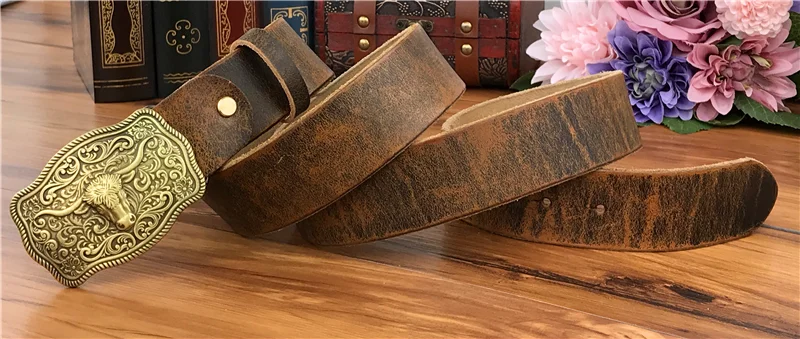 Brass Cowboy Belt Buckle Luxury Men Leather Belt Ceinture Homme Yellow Belts For Men Wide Male Strap Jeans Waist MBT0537