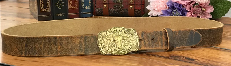 Brass Cowboy Belt Buckle Luxury Men Leather Belt Ceinture Homme Yellow Belts For Men Wide Male Strap Jeans Waist MBT0537
