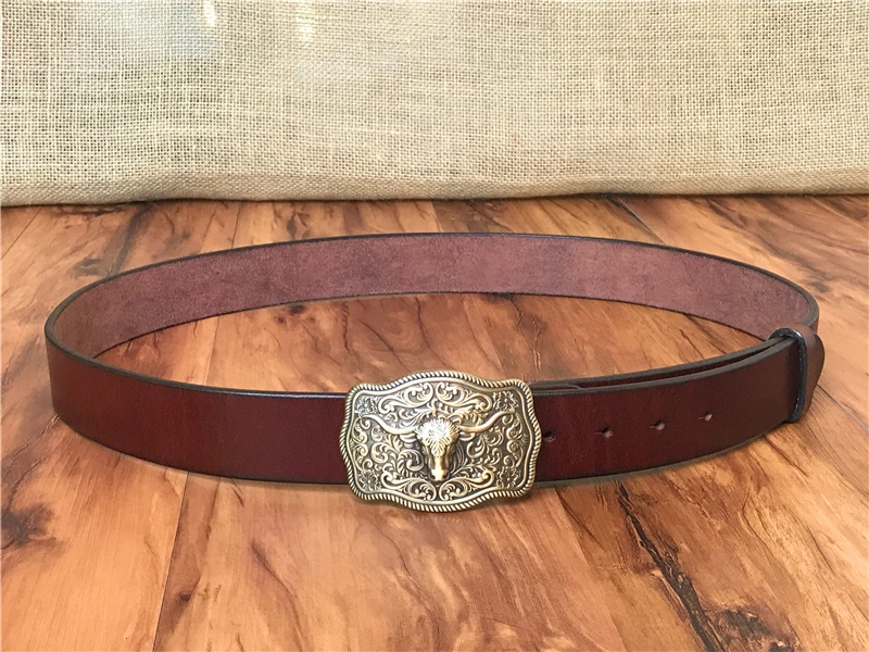 Brass Cowboy Belt Buckle Luxury Men Leather Belt Ceinture Homme Yellow Belts For Men Wide Male Strap Jeans Waist MBT0537