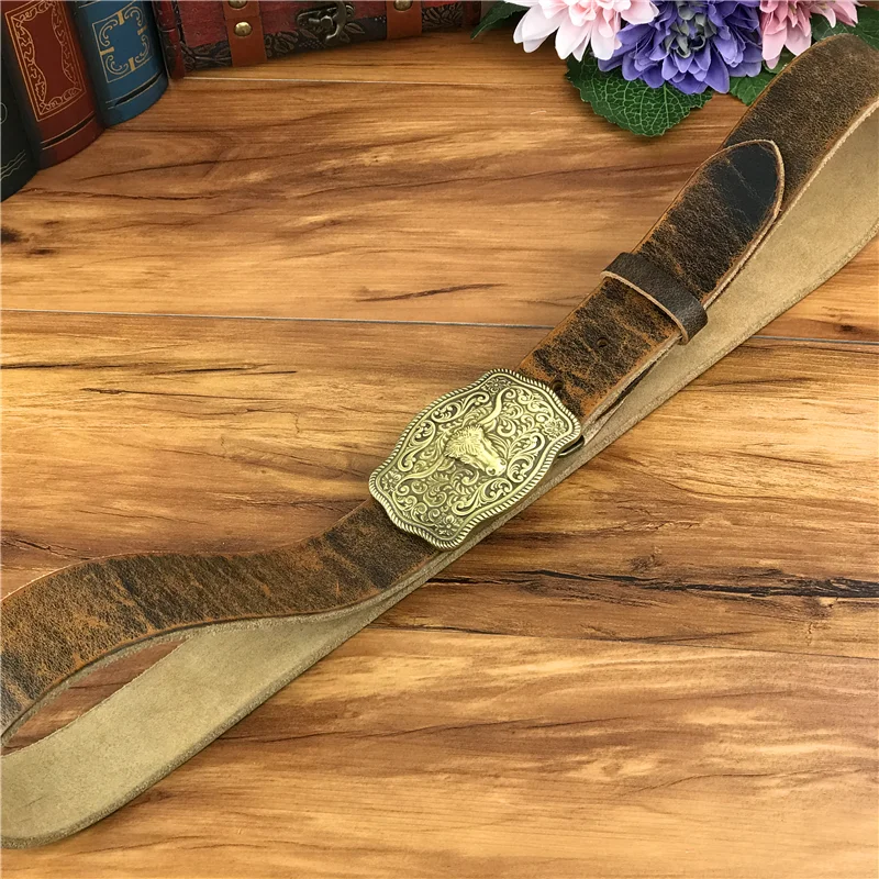 Brass Cowboy Belt Buckle Luxury Men Leather Belt Ceinture Homme Yellow Belts For Men Wide Male Strap Jeans Waist MBT0537