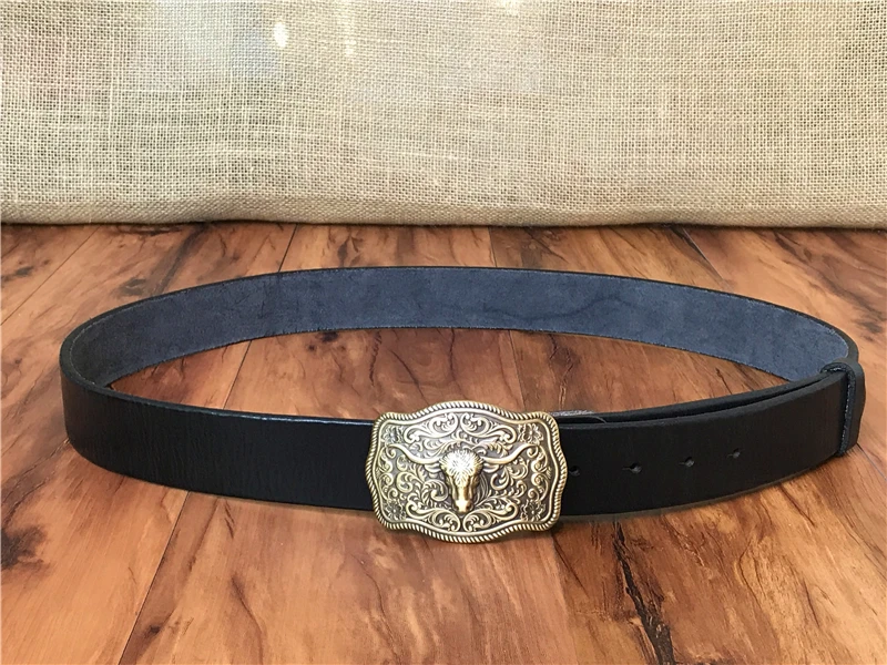 Brass Cowboy Belt Buckle Luxury Men Leather Belt Ceinture Homme Yellow Belts For Men Wide Male Strap Jeans Waist MBT0537