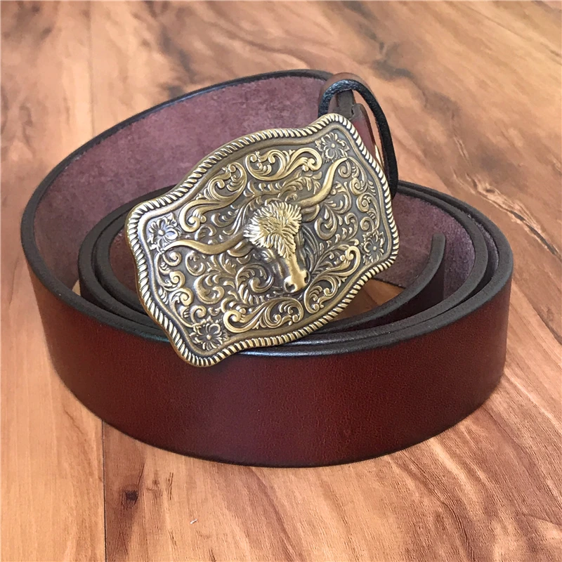 Brass Cowboy Belt Buckle Luxury Men Leather Belt Ceinture Homme Yellow Belts For Men Wide Male Strap Jeans Waist MBT0537