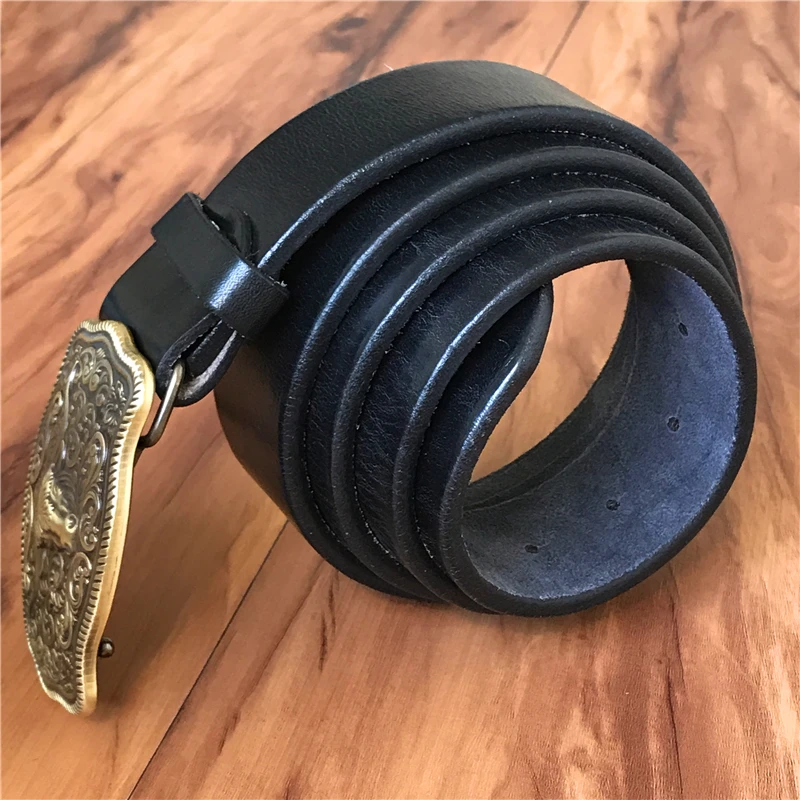 Brass Cowboy Belt Buckle Luxury Men Leather Belt Ceinture Homme Yellow Belts For Men Wide Male Strap Jeans Waist MBT0537