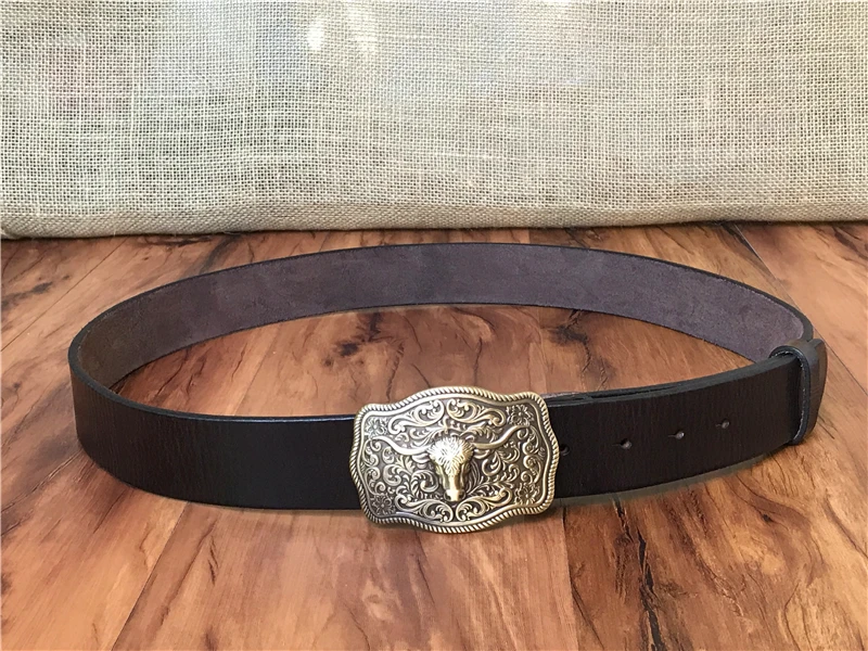 Brass Cowboy Belt Buckle Luxury Men Leather Belt Ceinture Homme Yellow Belts For Men Wide Male Strap Jeans Waist MBT0537