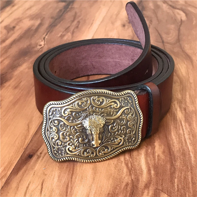Brass Cowboy Belt Buckle Luxury Men Leather Belt Ceinture Homme Yellow Belts For Men Wide Male Strap Jeans Waist MBT0537