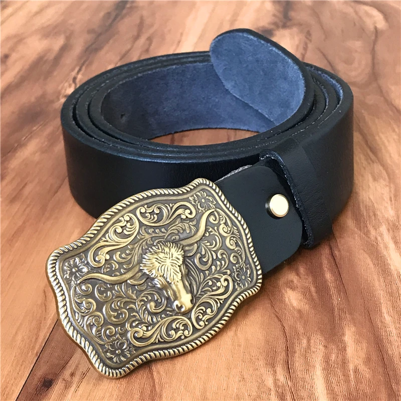 Brass Cowboy Belt Buckle Luxury Men Leather Belt Ceinture Homme Yellow Belts For Men Wide Male Strap Jeans Waist MBT0537