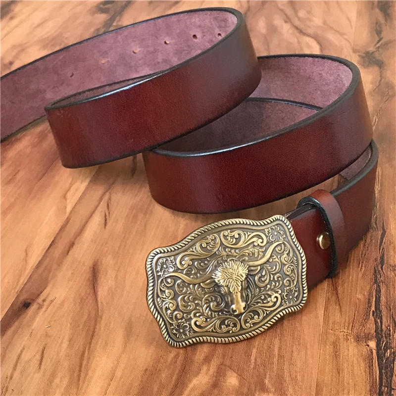 Brass Cowboy Belt Buckle Luxury Men Leather Belt Ceinture Homme Yellow Belts For Men Wide Male Strap Jeans Waist MBT0537