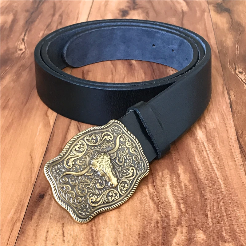 Brass Cowboy Belt Buckle Luxury Men Leather Belt Ceinture Homme Yellow Belts For Men Wide Male Strap Jeans Waist MBT0537