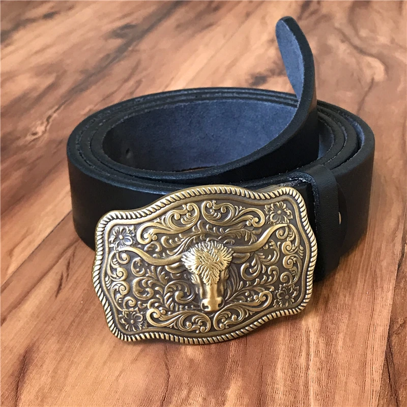 Brass Cowboy Belt Buckle Luxury Men Leather Belt Ceinture Homme Yellow Belts For Men Wide Male Strap Jeans Waist MBT0537