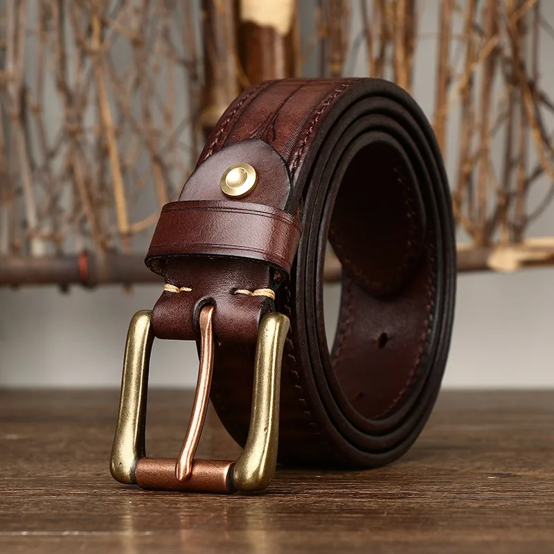 3.8CM Pure Cowhide Genuine Leather Retro Fashion Personality Embossed Belts for Men Luxury Brand Design Male Copper Buckle Belts