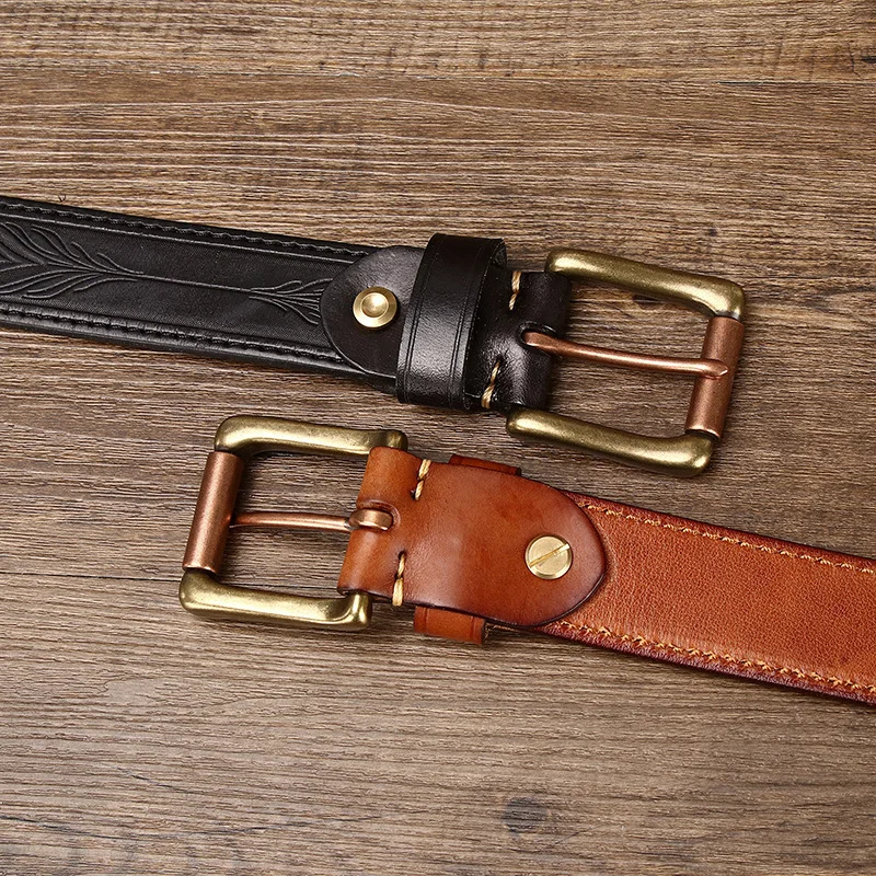 3.8CM Pure Cowhide Genuine Leather Retro Fashion Personality Embossed Belts for Men Luxury Brand Design Male Copper Buckle Belts