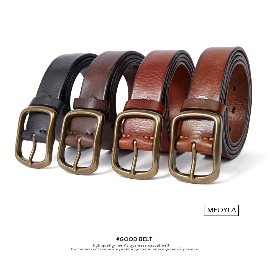 MEDYLA Vintage Luxury Handmade Leather Copper Buckle Man's Belt Cowhide Retro All-match Casual Jeans Soft Belt 21404