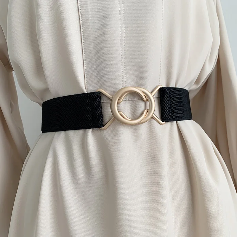 New Metal Round Buckle Wide Belt For Women Lady Retro JK Solid Color Elastic Skinny Waist Belts Fashion Dress Shirt Decor Strap