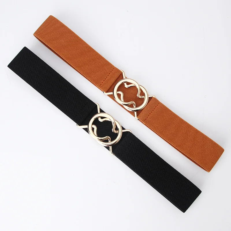 New Metal Round Buckle Wide Belt For Women Lady Retro JK Solid Color Elastic Skinny Waist Belts Fashion Dress Shirt Decor Strap