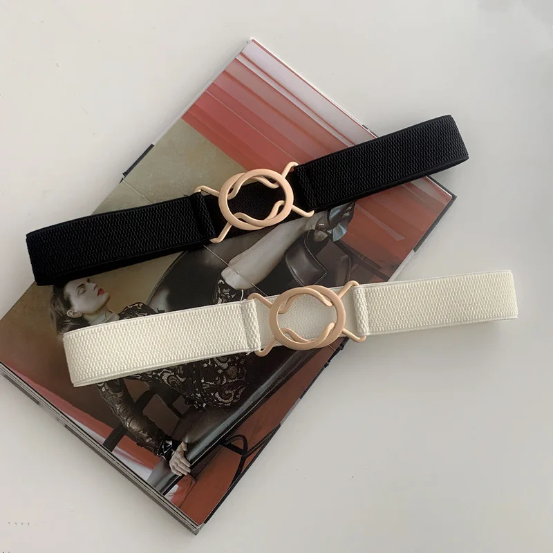New Metal Round Buckle Wide Belt For Women Lady Retro JK Solid Color Elastic Skinny Waist Belts Fashion Dress Shirt Decor Strap