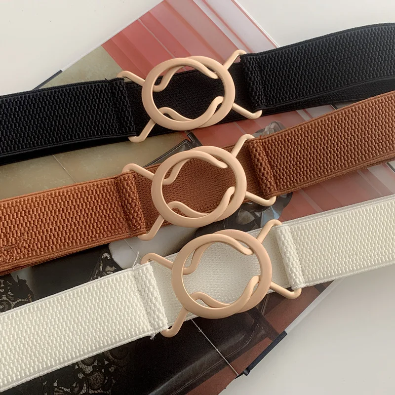 New Metal Round Buckle Wide Belt For Women Lady Retro JK Solid Color Elastic Skinny Waist Belts Fashion Dress Shirt Decor Strap