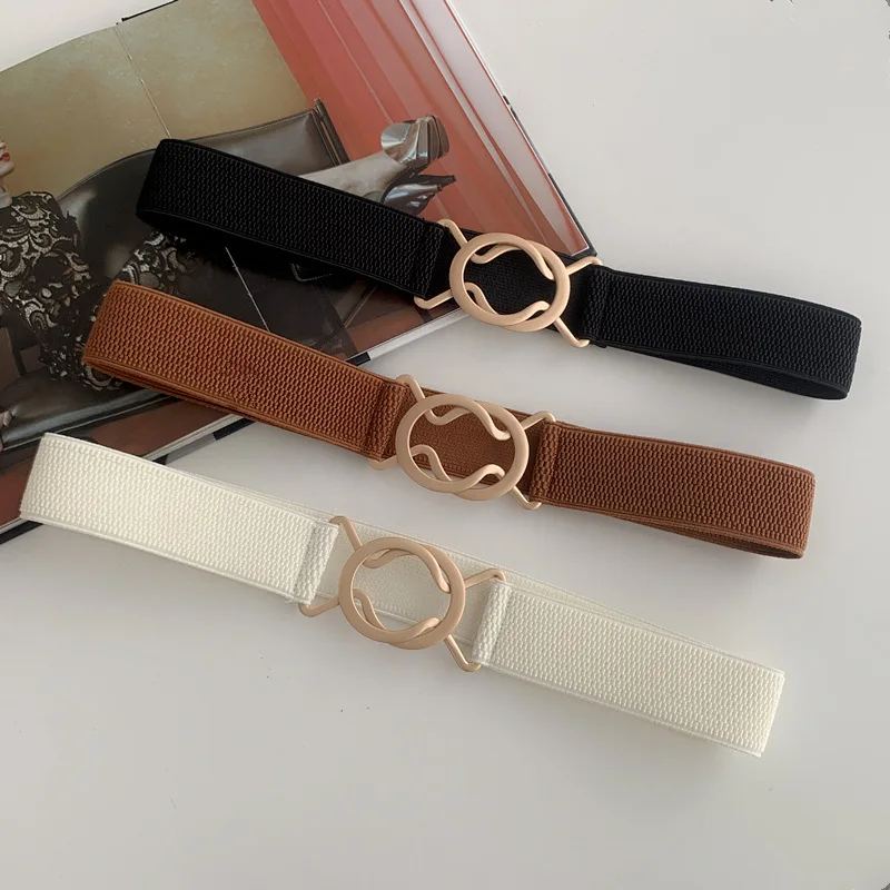 New Metal Round Buckle Wide Belt For Women Lady Retro JK Solid Color Elastic Skinny Waist Belts Fashion Dress Shirt Decor Strap