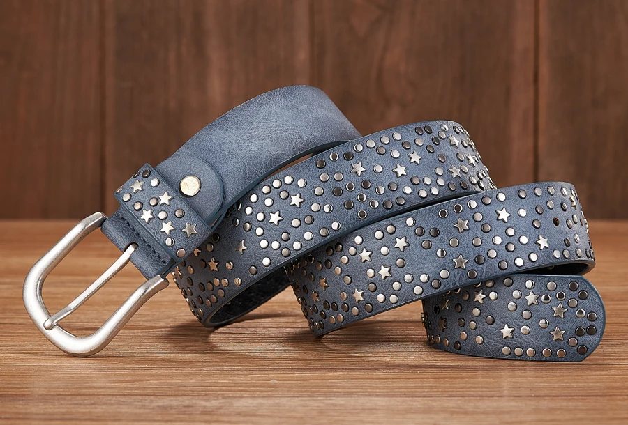 New Fashion Women's Rivet Belts Punk Rock Style Male Belt For Lady PU Leather Sequins Metal buckle Wide Metal Star Rivet bead