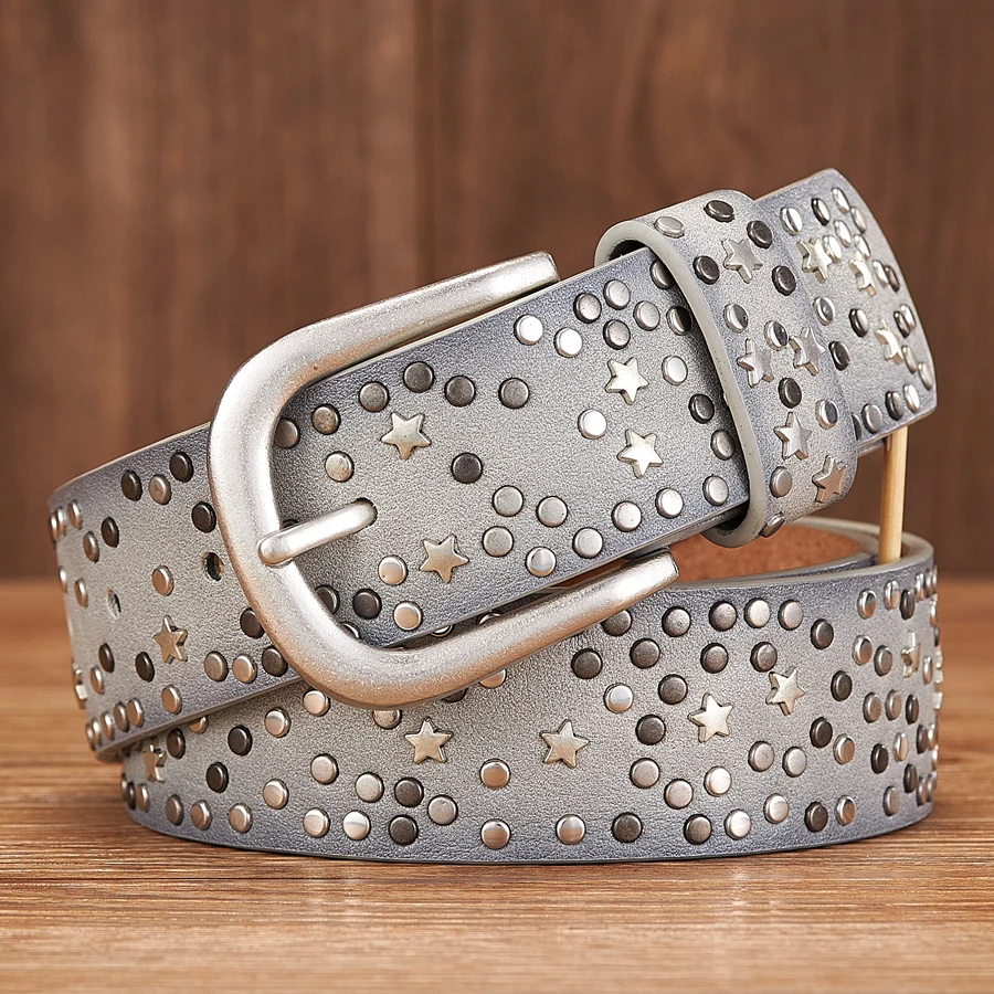 New Fashion Women's Rivet Belts Punk Rock Style Male Belt For Lady PU Leather Sequins Metal buckle Wide Metal Star Rivet bead