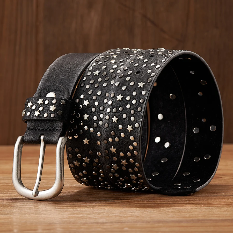 New Fashion Women's Rivet Belts Punk Rock Style Male Belt For Lady PU Leather Sequins Metal buckle Wide Metal Star Rivet bead