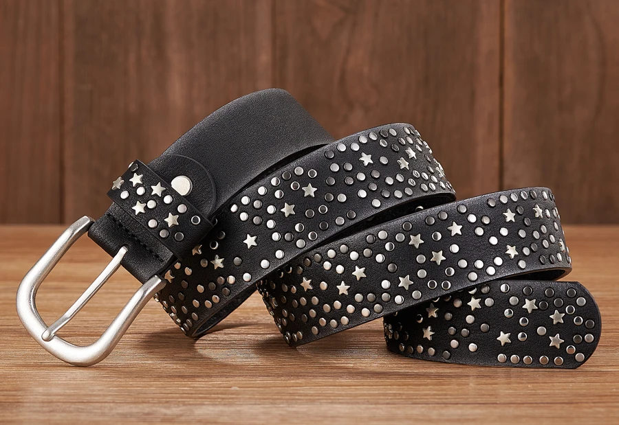 New Fashion Women's Rivet Belts Punk Rock Style Male Belt For Lady PU Leather Sequins Metal buckle Wide Metal Star Rivet bead