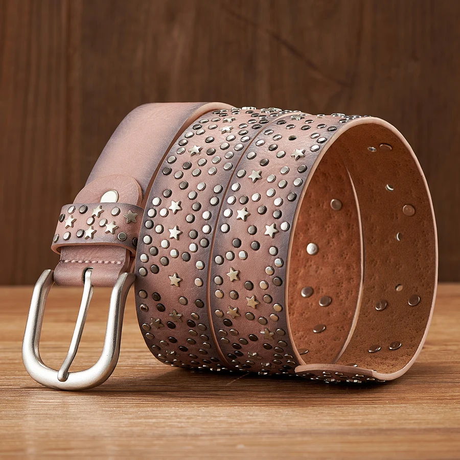 New Fashion Women's Rivet Belts Punk Rock Style Male Belt For Lady PU Leather Sequins Metal buckle Wide Metal Star Rivet bead
