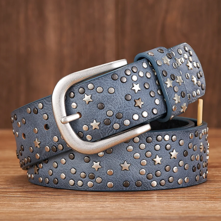 New Fashion Women's Rivet Belts Punk Rock Style Male Belt For Lady PU Leather Sequins Metal buckle Wide Metal Star Rivet bead