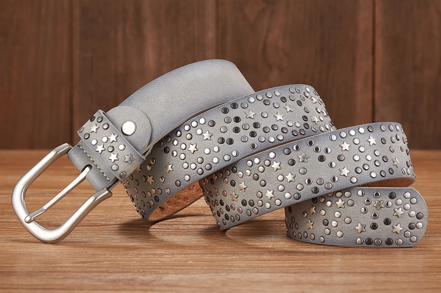 New Fashion Women's Rivet Belts Punk Rock Style Male Belt For Lady PU Leather Sequins Metal buckle Wide Metal Star Rivet bead