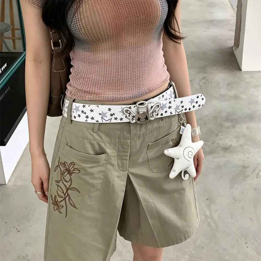 Y2K Heart And Star Wide Leather Belt Fashion Black White Waist Strap Trendy Women's Accessories For Jeans Skirt Decor Waistband