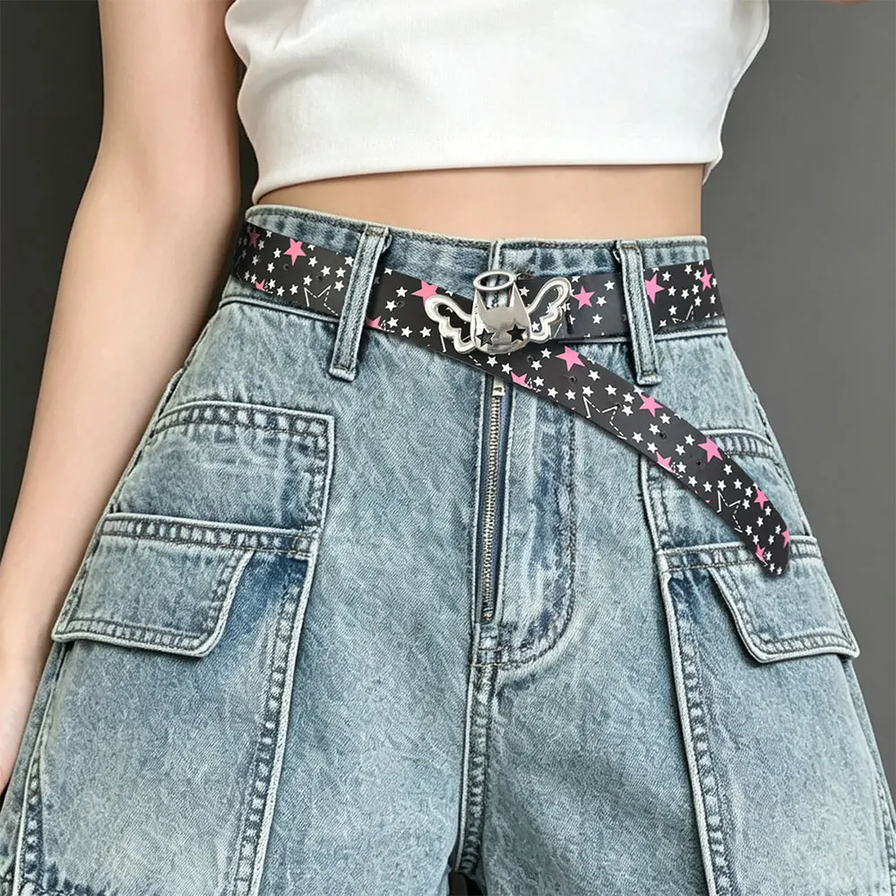 Y2K Heart And Star Wide Leather Belt Fashion Black White Waist Strap Trendy Women's Accessories For Jeans Skirt Decor Waistband